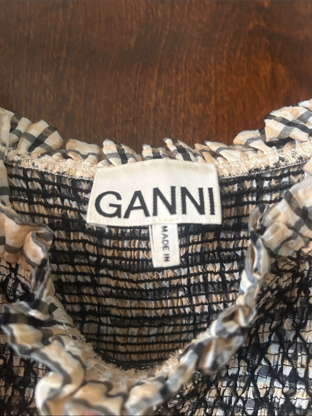 GANNI Smocked Sundress in Beige and Black Plaid - Picture 8 of 14